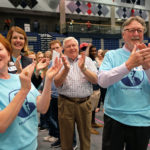 Simultaneous jumping high five, Guinness World Record attempt, at UMW Wednesday April 13, 2016. (Photo by Norm Shafer).