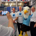 Simultaneous jumping high five, Guinness World Record attempt, at UMW Wednesday April 13, 2016. (Photo by Norm Shafer).