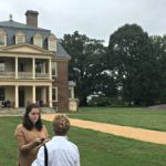 Christine MacKrell interviews a visitor at Shirley Plantation.