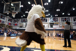 UMW mascot Sammy D. Eagle takes to the court at the Anderson Center during a recent basketball game against CNU. Photo by Norm Shafer.