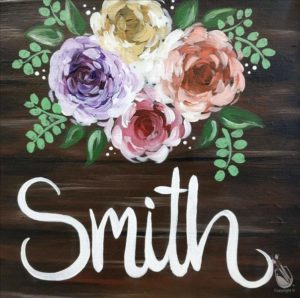 Artwork with flowers and the name "smith" painted on the bottom.