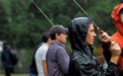 Students practice their fly-fishing skills on Jefferson Square.