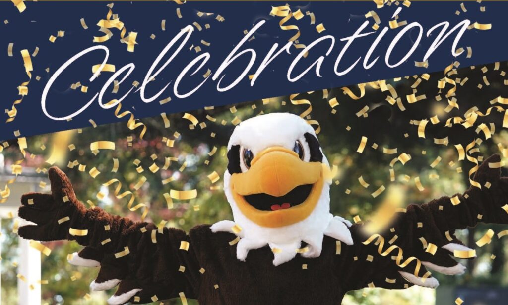 Sammy the Eagle w/ confetti and the word Celebration.