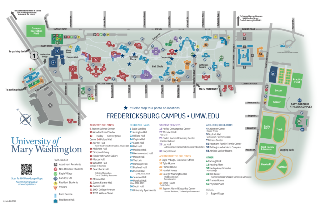 Campus map with selfie stop locations starred.