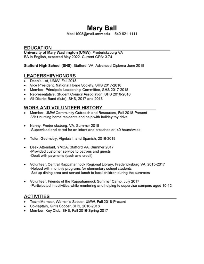 College Freshman Resume Template from www.umw.edu