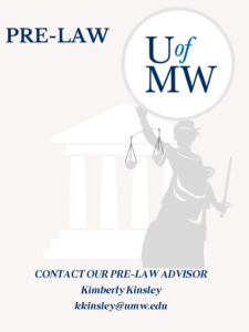 UMW Pre-Law Illustration Picture, has logo, contact information
