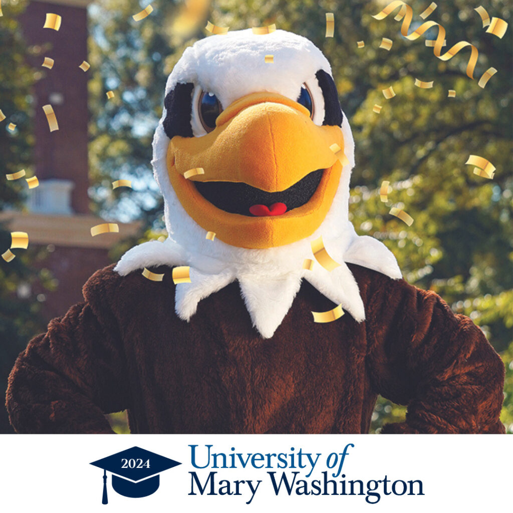 Close-up of Sammy D Eagle, the mascot for University of Mary Washington, with confetti around his head. Below that is a mortarboard with "2024" on it, and the UMW logo