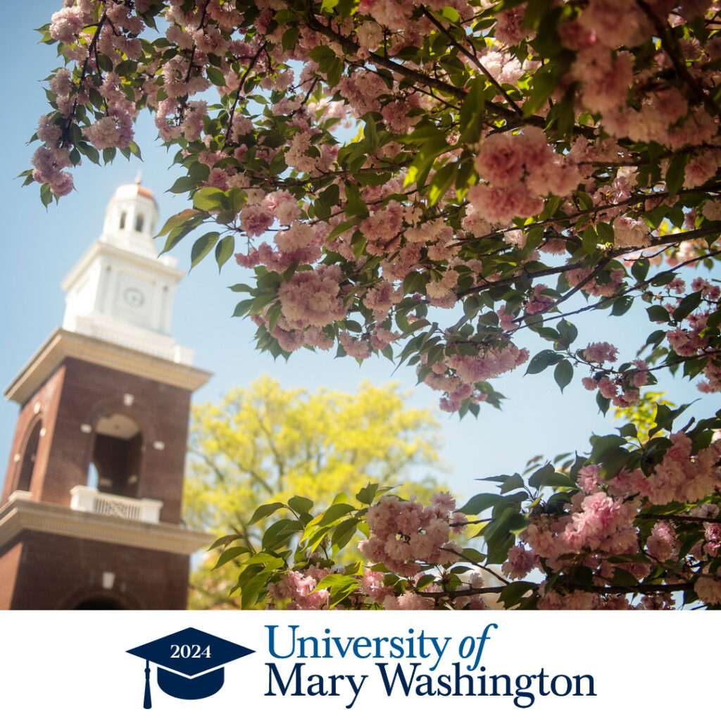 The University of Mary Washington bell tower, with the UMW logo below it