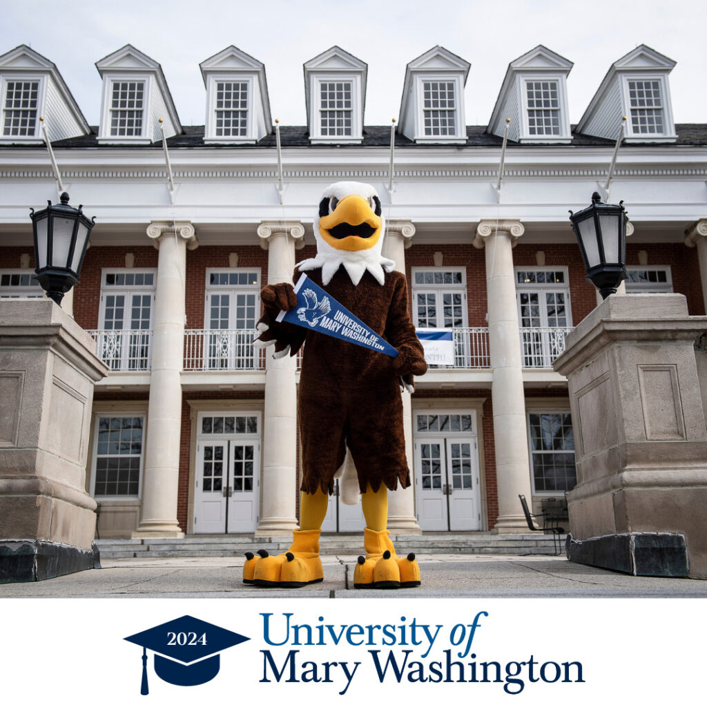 Sammy D Eagle holding a University of Mary Washington pennant. Below the photo is the UMW logo