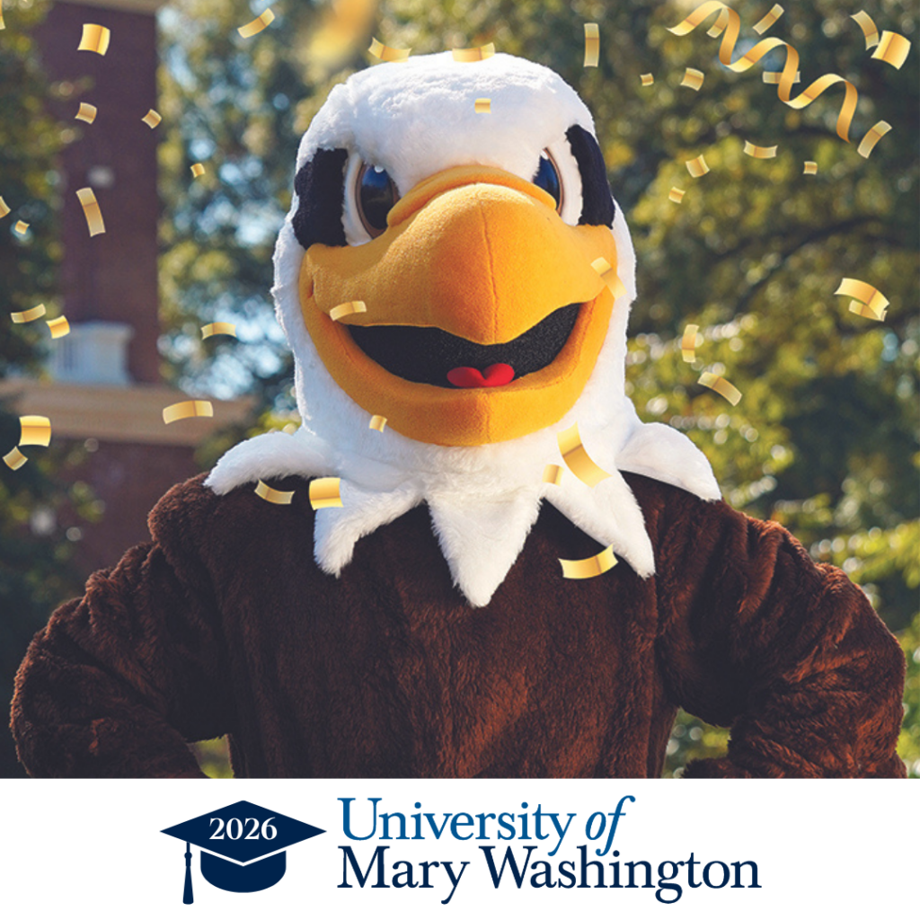 Close-up of Sammy D Eagle, the mascot for University of Mary Washington, with confetti around his head. Below that is a mortarboard with "2026" on it, and the UMW logo.