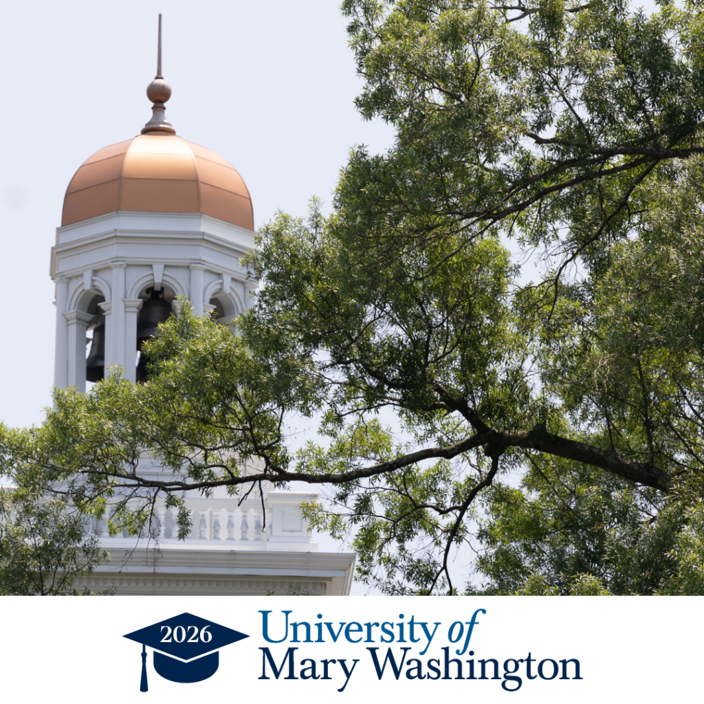 The University of Mary Washington bell tower, with the UMW logo below it.