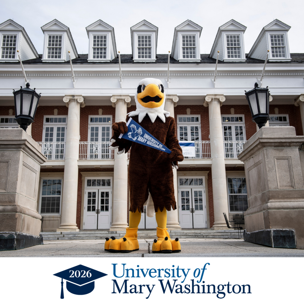Sammy D Eagle holding a University of Mary Washington pennant. Below the photo is the UMW logo.