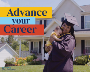 female graduate in a cap and gown holding her young child in front of her home