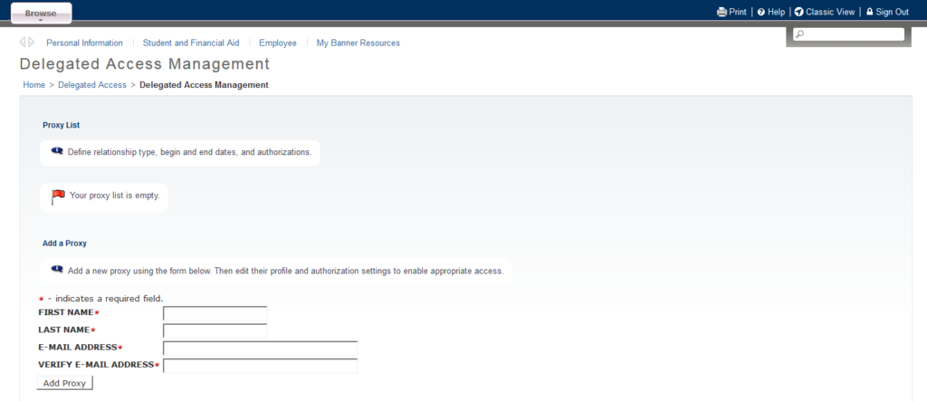 screenshot of 'add proxy' screen in Banner for Delegated Access
