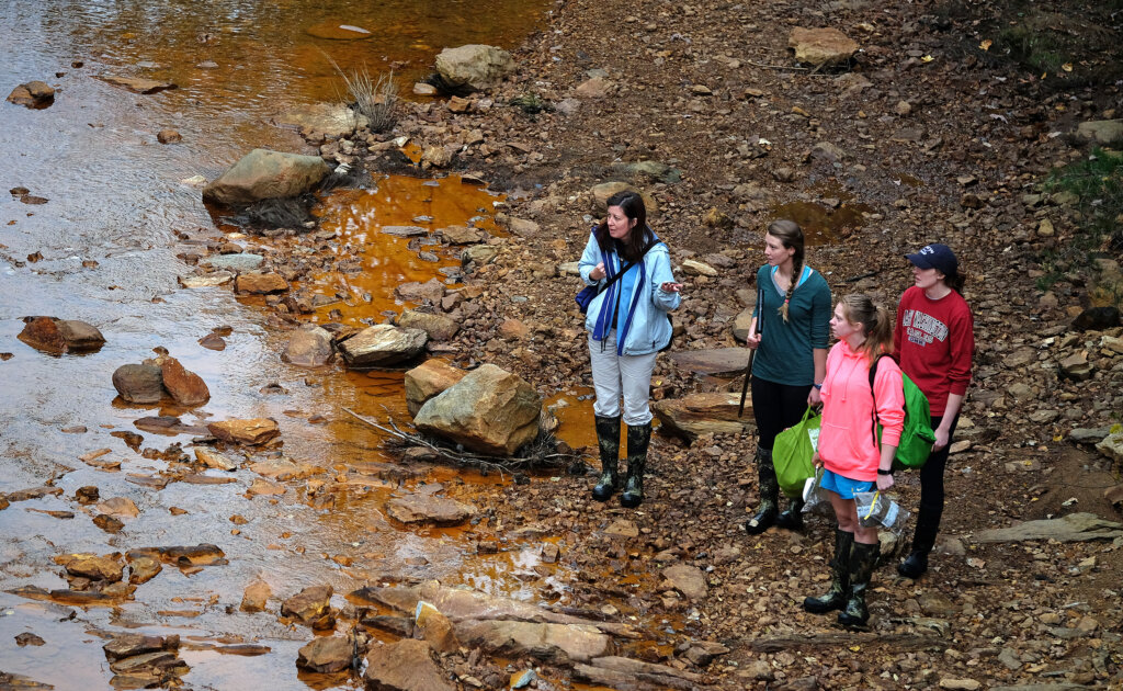 Four individuals overlooking creek.