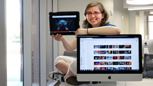 Freshman Anna Rinko with her YouTube Channel in the ITTC building, Sunday August 23, 1015. (Photo by Norm Shafer).