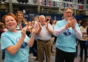 Simultaneous jumping high five, Guinness World Record attempt, at UMW Wednesday April 13, 2016. (Photo by Norm Shafer).