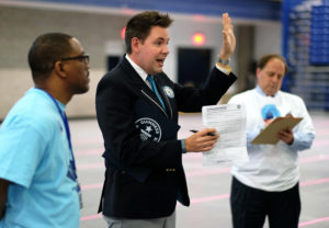 Simultaneous jumping high five, Guinness World Record attempt, at UMW Wednesday April 13, 2016. (Photo by Norm Shafer).