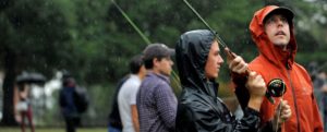 Students practice their fly-fishing skills on Jefferson Square.