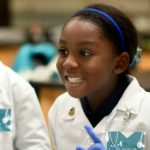 Students from The Merit School at Stafford dissect sharks in Biology Professor Deb O'Dell's Jepson Science Center lab.