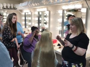 Madeline LeCuyer '11, a makeup artist and hairstylist on Broadway, shares tricks of the trade with UMW students in preparation for the opening of Steel Magnolias.