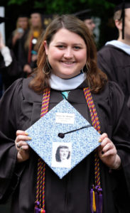 Theater major Morgan “Mo” Gresham crossed the Ball Circle stage with a memory of her grandmother, Barbara Hitchings Gresham ’57, who passed away last May, glued to her cap. Photo by Norm Shafer.