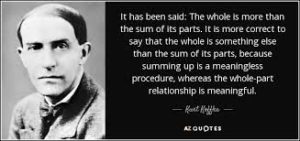 It has been said: The whole is more than the sum of its parts. it is more correct to say that the whole is something else than the sum of its parts because summing up is a meaningless procedure, wheras the whole-part relationship is meaningful. - Kurt Koffka