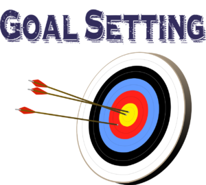 words 'goal setting' with a target and three arrows hitting the center