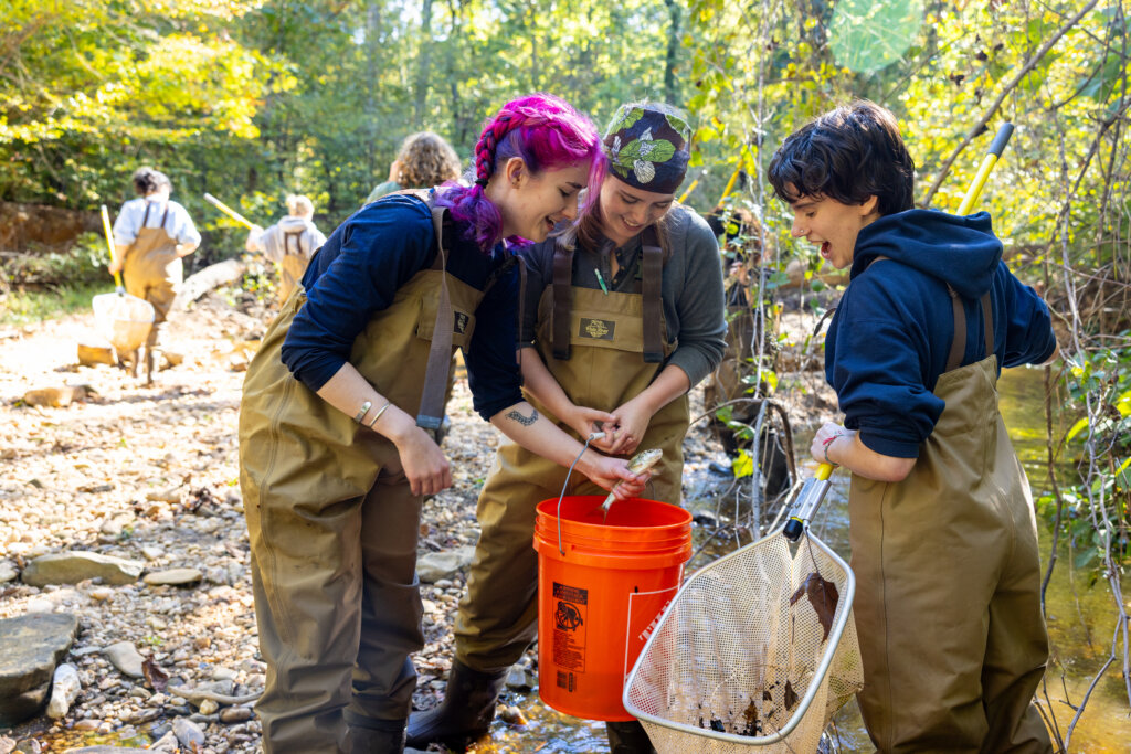 Students looking at a fish caught from Hazel Run in Fredericksburg, VA. 