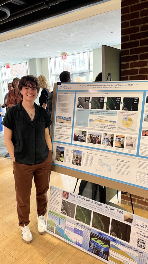 Student standing in front of poster project on Research and Creativity Day. 