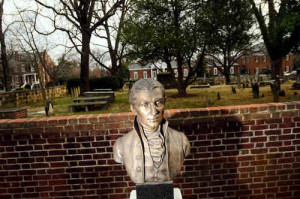 A bust of James Monroe in the memorial garden next to the Masonic Cemetery.