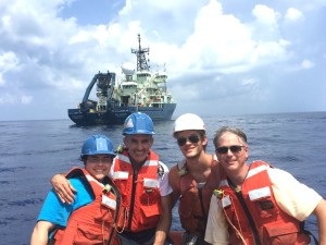 Shot from oil sampling boat in the Gulf of Mexico. Featured left to right: Karin Lemkau (University of California at Santa Barbara), Chris Reddy (Woods Hole Oceanographic Institution), Matthew Walters '16, Charlie Sharpless.