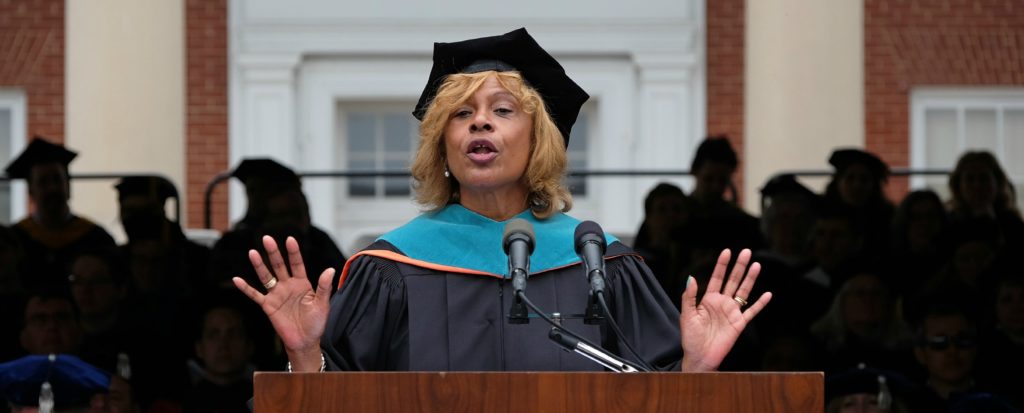 Pamela Bridgewater during her speech at UMW's 2015 undergraduate commencement ceremony.