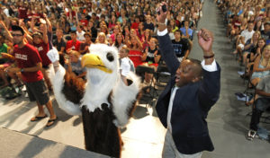 UMW Dean of Students Cedric Rucker shows off his Eagle pride at the Anderson Center. Photo by Norm Shafer.