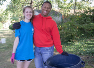 UMW students helped clear brush and spread mulch at St. Mar's Catholic Church in Fredericksburg. Photo by Christina Eggenberger.