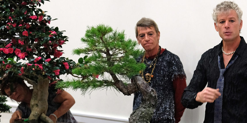 Todd Stewart (left) and Bob Chilton, owners of Gardens Unlimited, share expertise on bonsai at Mary Washington. The two designed UMW's new Zen garden, set to open by spring. Photo by Norm Shafer.