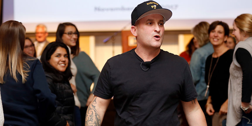 Fred Lynn Middle School Principal Hamish Brewer spoke to University of Mary Washington College of Business students in the Chandler Ballroom. Also known as "The Relentless Principal," Brewer has made a name for himself with his unorthodox style of leadership.