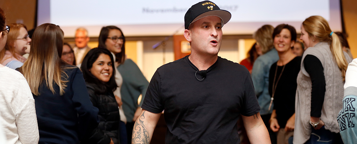 Fred Lynn Middle School Principal Hamish Brewer spoke to University of Mary Washington College of Business students in the Chandler Ballroom. Also known as "The Relentless Principal," Brewer has made a name for himself with his unorthodox style of leadership.