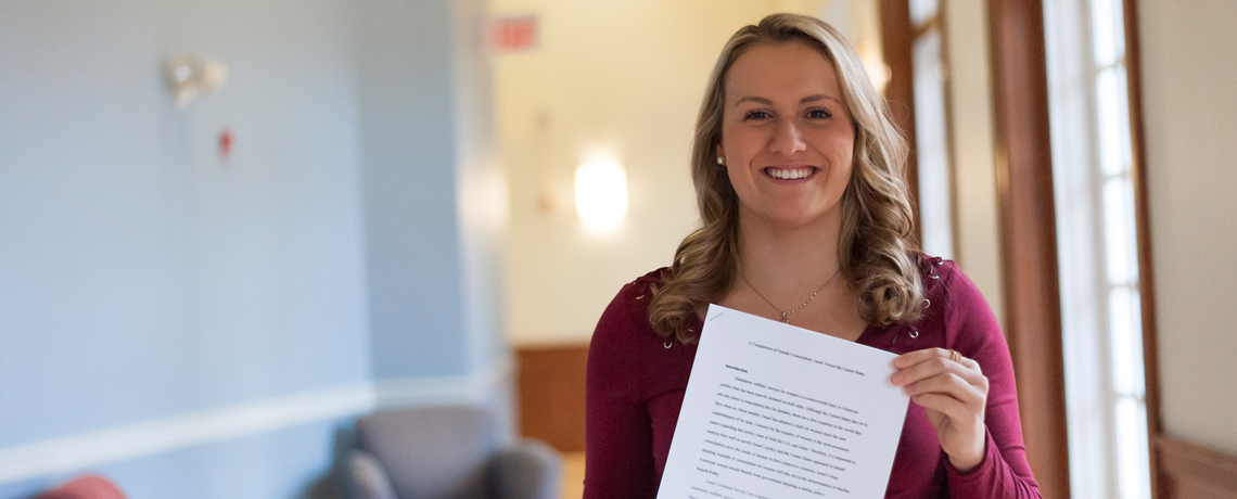 UMW student Kendall Parker was one of two runners-up in the 2017 annual undergraduate paper competition hosted by the national political science honor society Pi Sigma Alpha. She also is a star player on Mary Washington's women's basketball team. Photo by Alex Sakes.