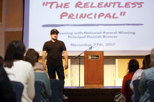 Fred Lynn Middle School Principal Hamish Brewer spoke to University of Mary Washington College of Business students in the Chandler Ballroom. Also known as "The Relentless Principal," Brewer has made a name for himself with his unorthodox style of leadership.
