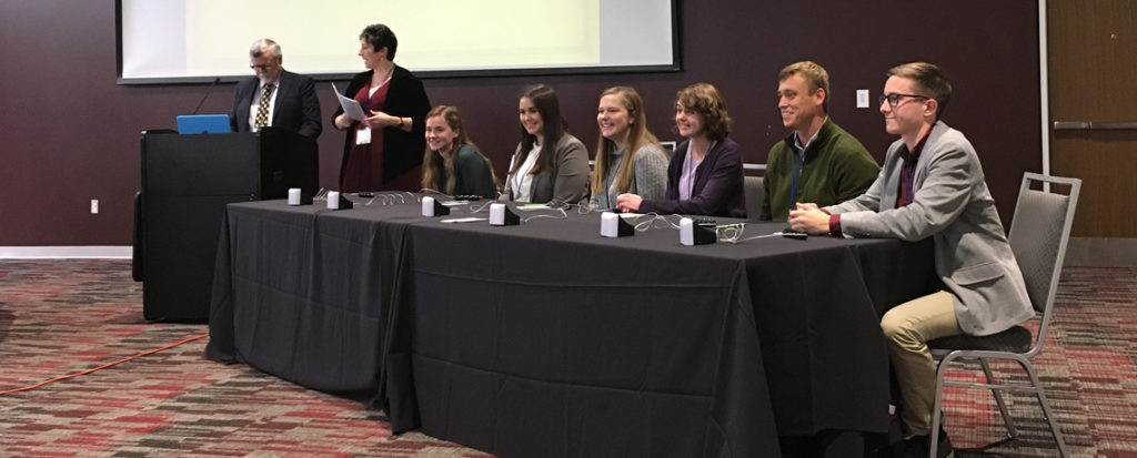 UMW students and faculty excelled at last month's Southeastern Division of the Association of American Geographers conference in Mississippi. At the conference, starting third from left are UMW students Jessica Kirkland, Katie Boston, Jordan Chandler, Darby Libka (who finished first among undergraduate and female participants in the World Geography Bowl), Alistair Andrulis and Eli McCleary. UMW students and faculty excelled at last month's Southeastern Division of the Association of American Geographers conference in Mississippi. At the conference, starting third from left are UMW students Jessica Kirkland, Katie Boston, Jordan Chandler, Darby Libka (who finished first among undergraduate and female participants in the World Geography Bowl), Alistair Andrulis and Eli McCleary.