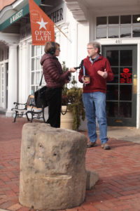 UMW Professor of Geography Steve Hanna is interviewed in downtown Fredericksburg by With Good Reason's Kelley Libby. The show airs locally on Sunday at 2. Photos by Karen Pearlman.