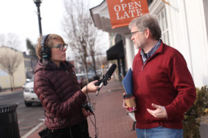 UMW Professor of Geography Steve Hanna is interviewed in downtown Fredericksburg by With Good Reason's Kelley Libby. The show airs locally on Sunday at 2. Photos by Karen Pearlman.