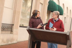 UMW Professor of Geography Steve Hanna is interviewed in downtown Fredericksburg by With Good Reason's Kelley Libby. The show airs locally on Sunday at 2. Photos by Karen Pearlman.