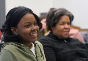 Freshman Destiny Jordan listens in Post Doctoral Fellow LaWanda Simpkins' "Women of Color in Feminism" class. Photo by Norm Shafer.