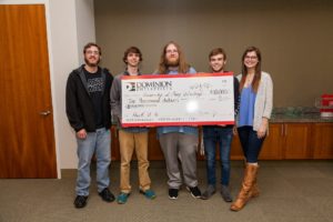UMW's "Goats" team (from left to right: Evan Shipman, Collin Mistr, Harrison Crosse, Chad Baxter, Mikaela Goldrich) took first place in the sixth annual HackU competition.