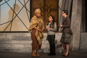 From left: Elissa Davis '21, Madison Neilson '21 and Sarah Green '19 act in "Medea," in which the main character finds her world and status in jeopardy when she discovers that her husband has been unfaithful to her and plans to marry another woman. (Geoff Greene)