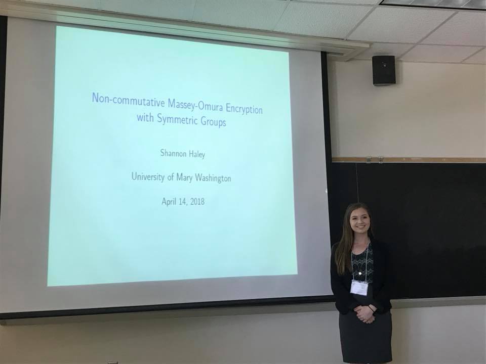 Shannon Haley ’18 presents the research on which her honors thesis was based. She invented a new version of the Massey-Omura cryptosystem.