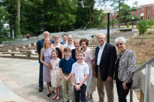 Members of the Heslep family, including Donald B. and Josephine McPherson Heslep ’56 (second and third from right) at the dedication of the HEslep Amphitheatre. The Hesleps donated $1.25 million to the project. Photo by Terry Cosgrove.