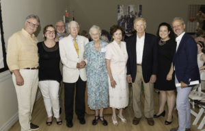 (From left) Former UMW President Rick Hurley, wife Rose, Juney Morris '50, Marcy Morris '50, Josephine McPherson Heslep ’56, husband Donald, Alumni Association President Angela Mills ‘01 and current UMW President Troy Paino took part in the Heslep Amphitheatre dedication ceremony. Photo by Terry Cosgrove.